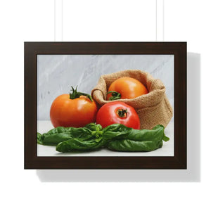 Framed Horizontal Poster Fresh Tomatoes Basil Leaves Art Dipaliz - 16″ × 12″ / Walnut - Posters Prints & Visual Artwork