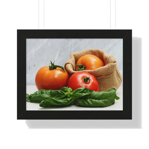 Framed Horizontal Poster Fresh Tomatoes Basil Leaves Art Dipaliz - 16″ × 12″ / Black - Posters Prints & Visual Artwork