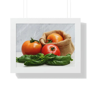 Framed Horizontal Poster Fresh Tomatoes Basil Leaves Art Dipaliz - 16″ × 12″ / White - Posters Prints & Visual Artwork