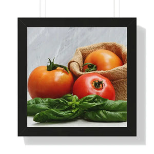 Framed Horizontal Poster Fresh Tomatoes Basil Leaves Art Dipaliz - 16″ × / Black - Posters Prints & Visual Artwork