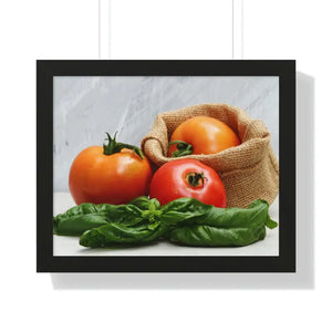 Framed Horizontal Poster Fresh Tomatoes Basil Leaves Art Dipaliz - 20’’ × 16’’ / Black - Posters Prints & Visual Artwork