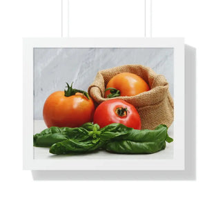 Framed Horizontal Poster Fresh Tomatoes Basil Leaves Art Dipaliz - 20’’ × 16’’ / White - Posters Prints & Visual Artwork