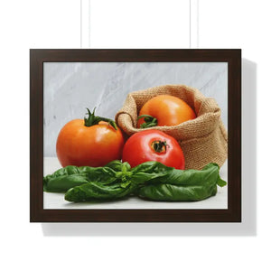Framed Horizontal Poster Fresh Tomatoes Basil Leaves Art Dipaliz - 20’’ × 16’’ / Walnut - Posters Prints & Visual