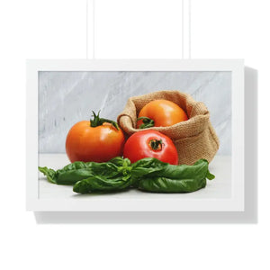 Framed Horizontal Poster Fresh Tomatoes Basil Leaves Art Dipaliz - 24″ × 16″ / White - Posters Prints & Visual Artwork