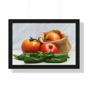 Framed Horizontal Poster Fresh Tomatoes Basil Leaves Art Dipaliz - 24″ × 16″ / Black - Posters Prints & Visual Artwork