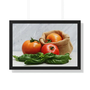 Framed Horizontal Poster Fresh Tomatoes Basil Leaves Art Dipaliz - 30’’ × 20’’ / Black - Posters Prints & Visual Artwork