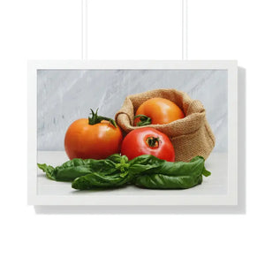 Framed Horizontal Poster Fresh Tomatoes Basil Leaves Art Dipaliz - 30’’ × 20’’ / White - Posters Prints & Visual Artwork