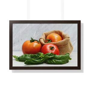 Framed Horizontal Poster Fresh Tomatoes Basil Leaves Art Dipaliz - 30’’ × 20’’ / Walnut - Posters Prints & Visual