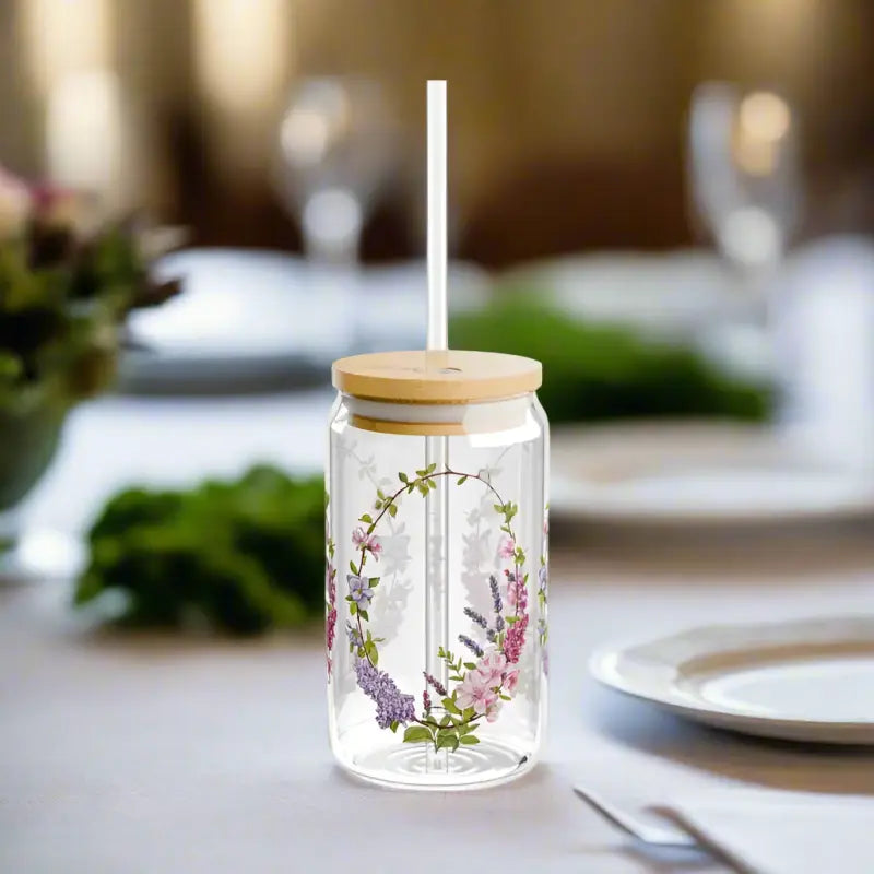 Elevate your Sipping with the 16oz Floral Wreath Sipper Glass - Tumbler