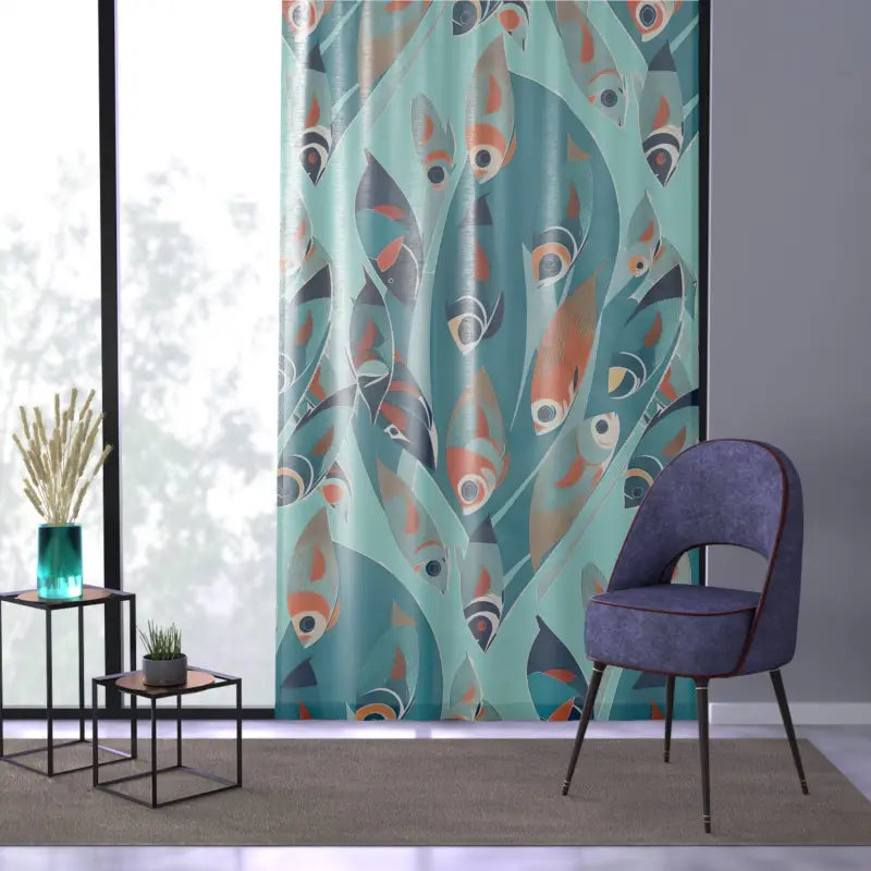 Dive Into Serenity with Blue Fishes Swimming Window Curtain - Sheer / White / 50’’ × 84’’ Home Decor