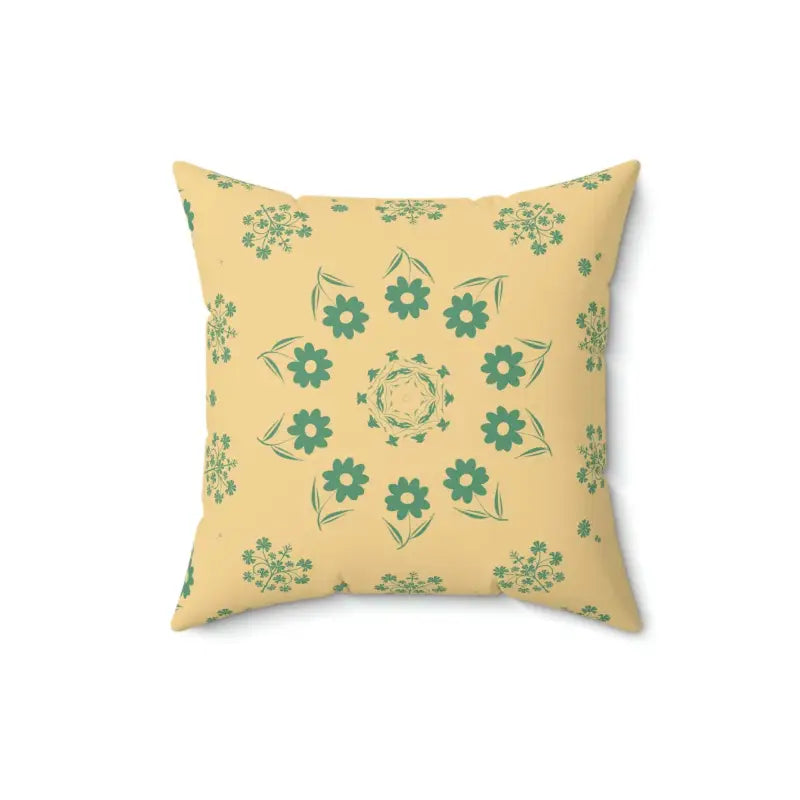 Green Flowers on Yellow Polyester Square Pillow - 16’’ × Home Decor