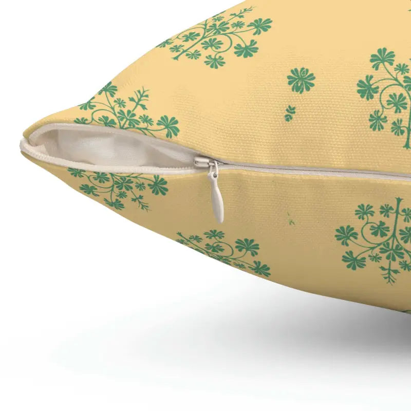 Green Flowers on Yellow Polyester Square Pillow - Home Decor