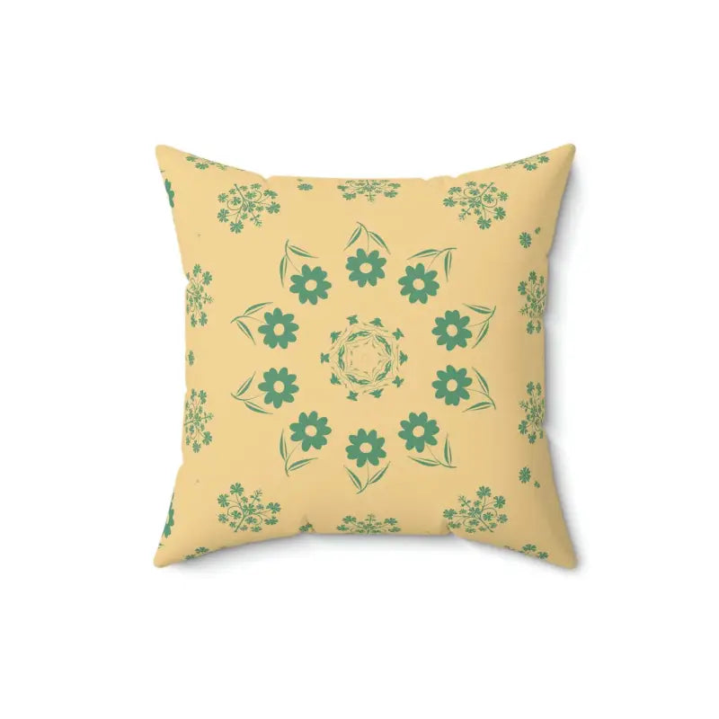 Green Flowers on Yellow Polyester Square Pillow - Home Decor