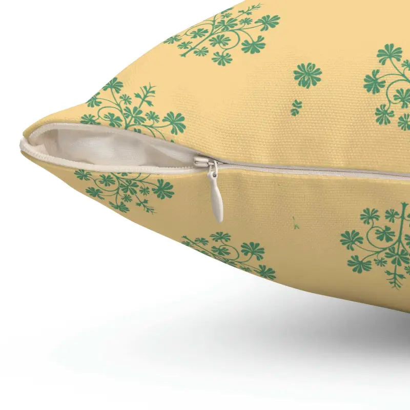 Green Flowers on Yellow Polyester Square Pillow - Home Decor