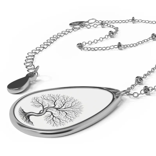 Accessories - Engraved Teardrop Silver Necklace Tree of Life Oval Pendant - Dipaliz one Size