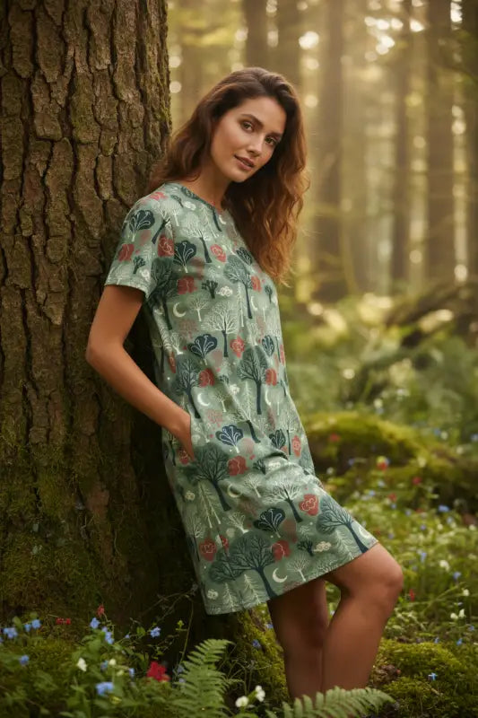 Dresses - Tree Pattern Comfortable Oversize Fit T-shirt Dress - Dipaliz