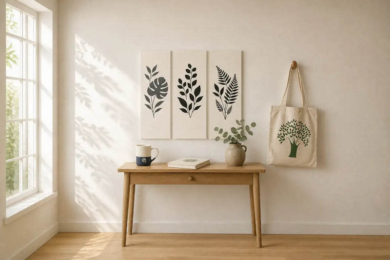 A table with botanical framed art, Mug, Tote bag.