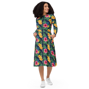 Tropical Botanicals Long Sleeve Midi Dress - Dipaliz - Dresses - Xs