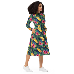 Tropical Botanicals Long Sleeve Midi Dress - Dipaliz - Dresses - Xs