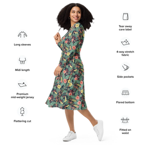 Tropical Botanicals Sleeve Midi Dress Pockets - Dipaliz - Dresses - Xs