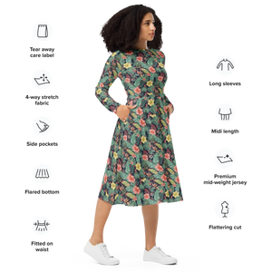 Tropical Botanicals Sleeve Midi Dress Pockets - Dipaliz - Dresses - Xs