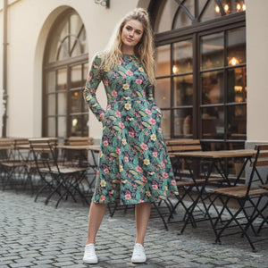 Tropical Botanicals Sleeve Midi Dress Pockets - Dipaliz - Dresses - Xs