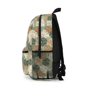 Bags - Tropical Leaf Backpack - Tan Monstera Pattern Travel - Dipaliz one Size