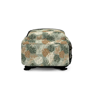 Bags - Tropical Leaf Backpack - Tan Monstera Pattern Travel - Dipaliz one Size