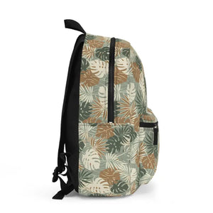 Bags - Tropical Leaf Backpack - Tan Monstera Pattern Travel - Dipaliz one Size