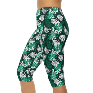 Tropical Leaf Capri Leggings – Green Monstera Palm All-over Print - Xs