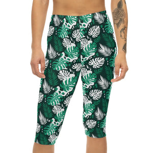 Tropical Leaf Capri Leggings – Green Monstera Palm All-over Print - Xs