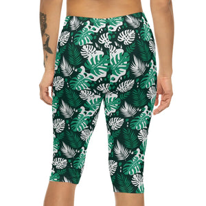Tropical Leaf Capri Leggings – Green Monstera Palm All-over Print - Xs