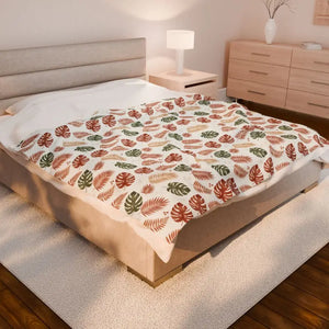 All Over Prints - Tropical Leaf Velveteen Plush Blanket - Boho Monstera Throw for Cozy Home Décor