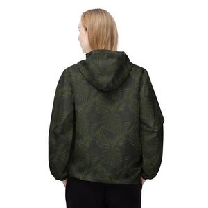 Outerwear - Tropical Leaf Windbreaker Jacket — Olive Green All-over Print Hooded