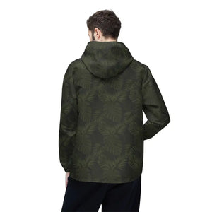 Outerwear - Tropical Leaf Windbreaker Jacket — Olive Green All-over Print Hooded