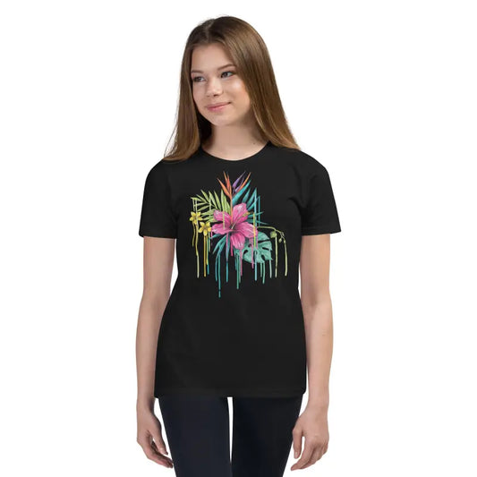 Tropical Pink Flowers Youth Tee Made from Ring-spun Cotton - Black / s