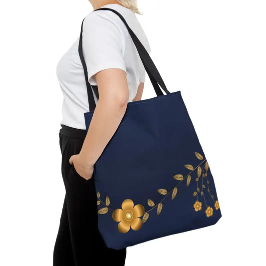 Navy Blue Tote Bag with Elegant Gold Flowers - Stand out in Style - Large Bags