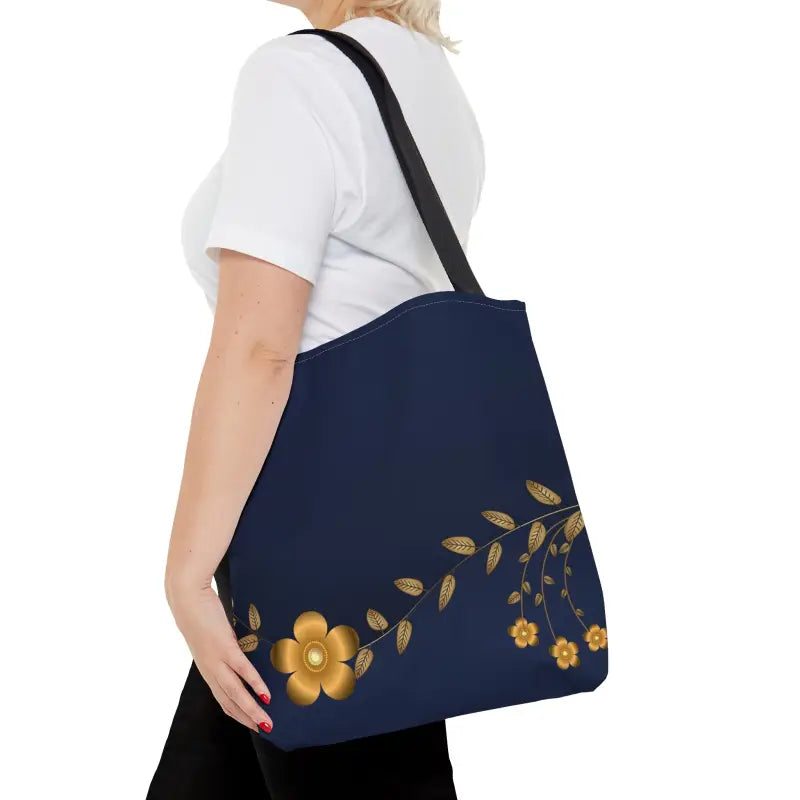 Make a Statement with Dipaliz Gold Flower Navy Blue Tote Bag - Medium Bags