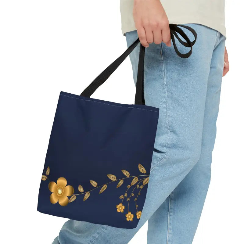 Make a Statement with Dipaliz Gold Flower Navy Blue Tote Bag - Small Bags