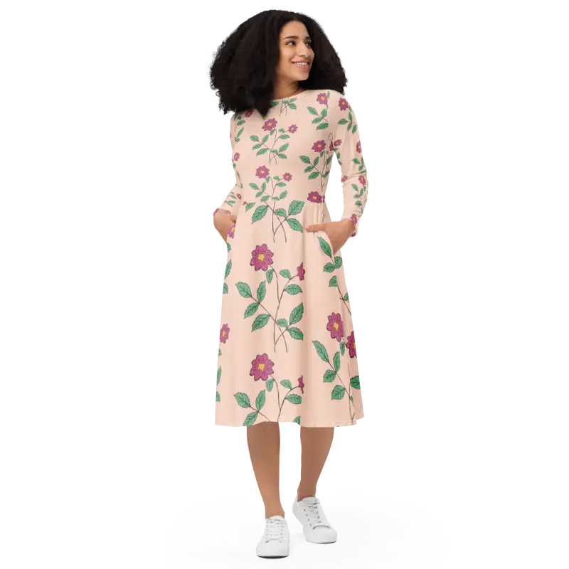 Captivate in our Floral Pink Long Sleeve Midi Dress - Dresses