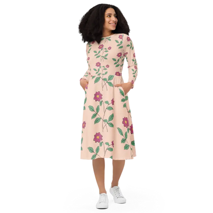 Captivate in our Floral Pink Long Sleeve Midi Dress - Dresses