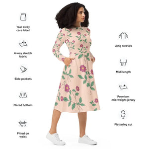 Floral Pink Long Sleeve Midi Dress - Comfort Meets Style - Dipaliz - Dresses