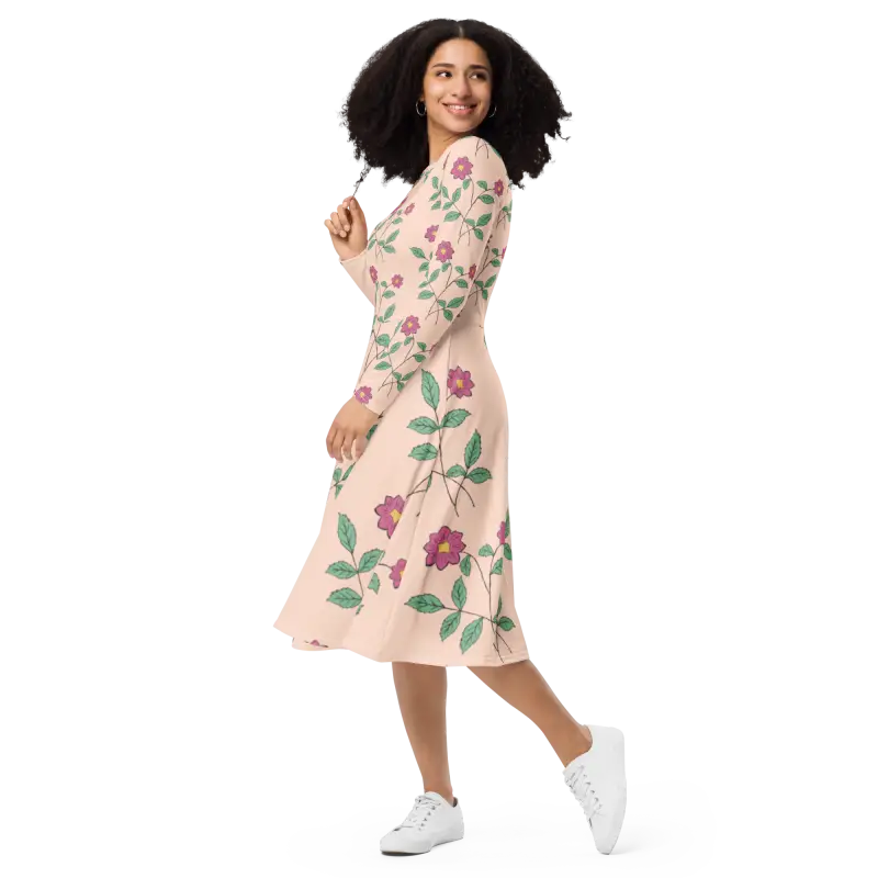 Captivate in our Floral Pink Long Sleeve Midi Dress - Dresses