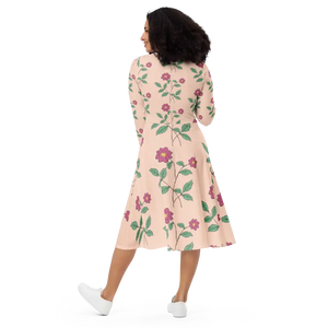 Floral Pink Long Sleeve Midi Dress - Comfort Meets Style - Dipaliz - Dresses