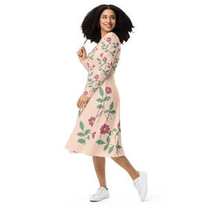 Floral Pink Long Sleeve Midi Dress - Comfort Meets Style - Dipaliz - Dresses