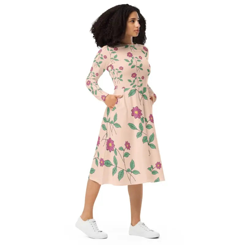 Captivate in our Floral Pink Long Sleeve Midi Dress - Dresses