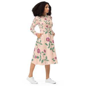 Floral Pink Long Sleeve Midi Dress - Comfort Meets Style - Dipaliz - Dresses