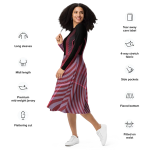 Red Striped Long Sleeve Midi Dress Statement Style - Dipaliz - Dresses