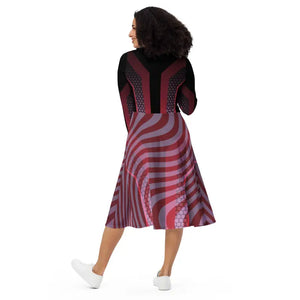 Red Striped Long Sleeve Midi Dress Statement Style - Dipaliz - Dresses