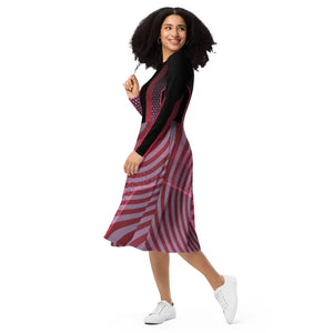 Red Striped Long Sleeve Midi Dress Statement Style - Dipaliz - Dresses